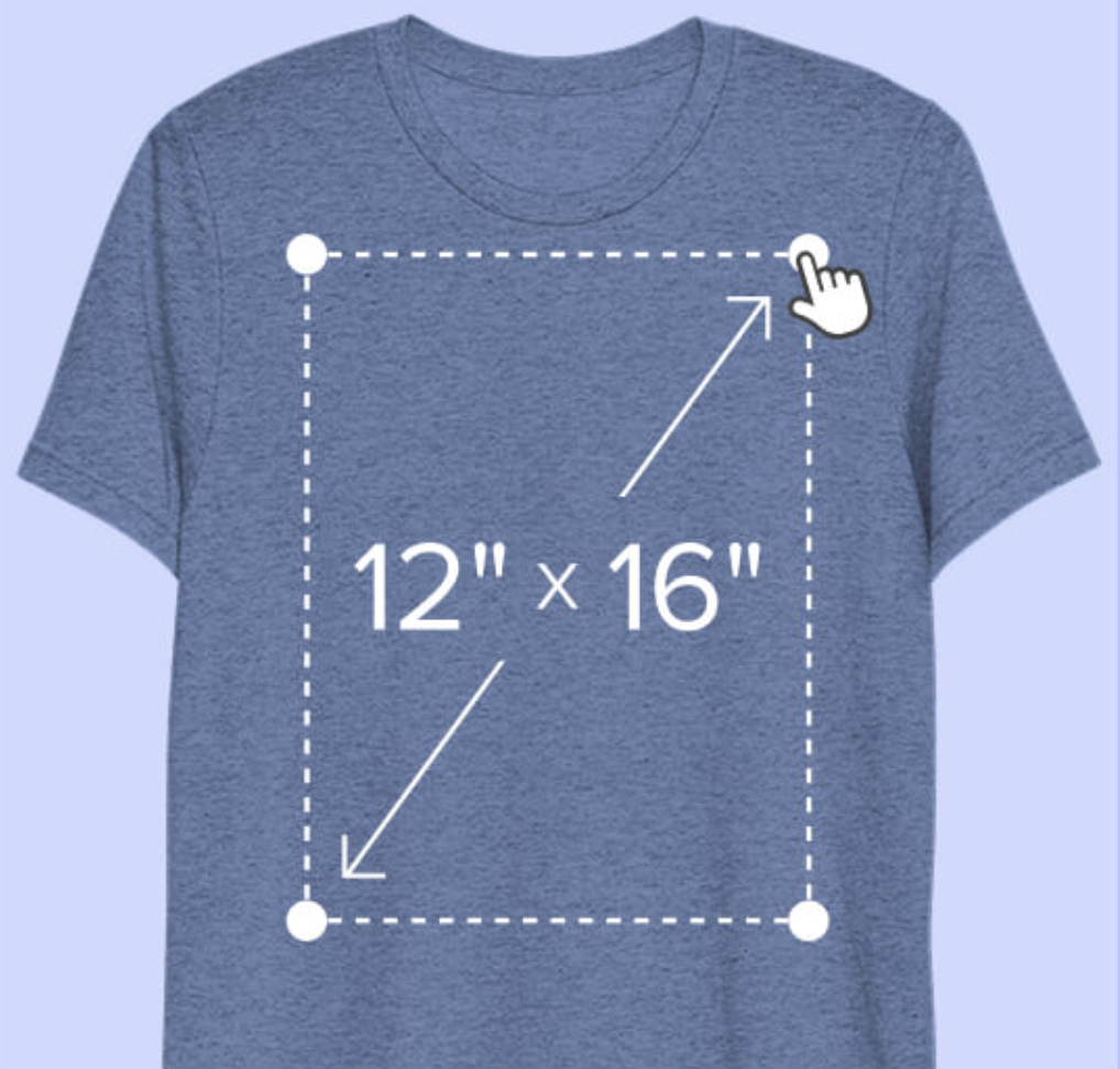 T-shirt print size guidance showing 12 by 16 inch safe print area