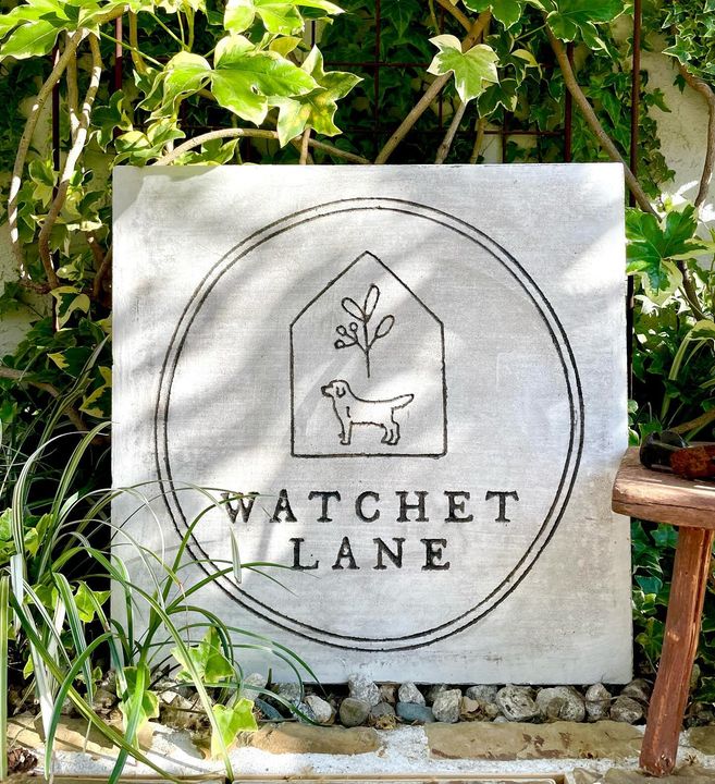 Engraved Watchet Lane concrete garden sign surrounded by plants