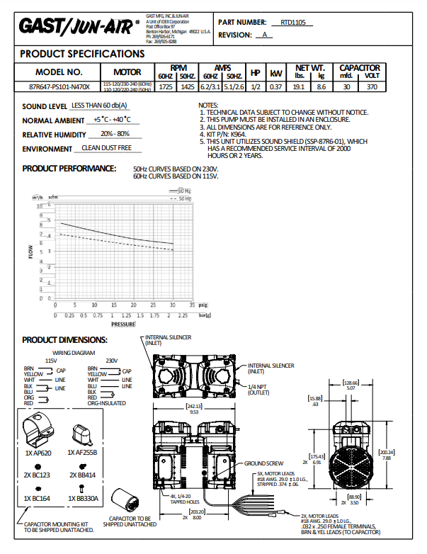 Gast | Rocking Piston Pressure Pump. Sound Shield, 4.8 CFM maximum