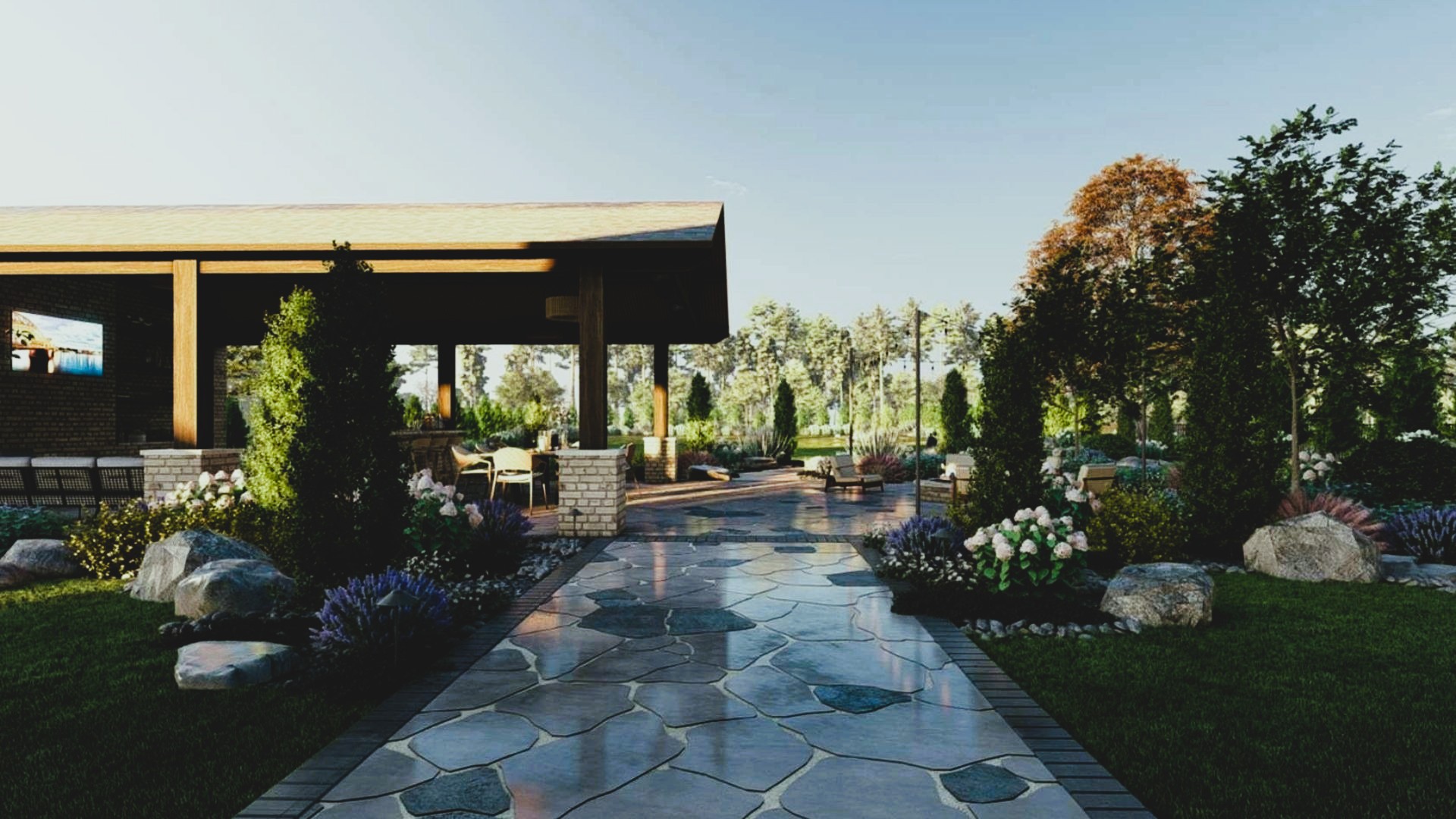 Custom Central Texas outdoor patio with shade pergola, outdoor kitchen and seating