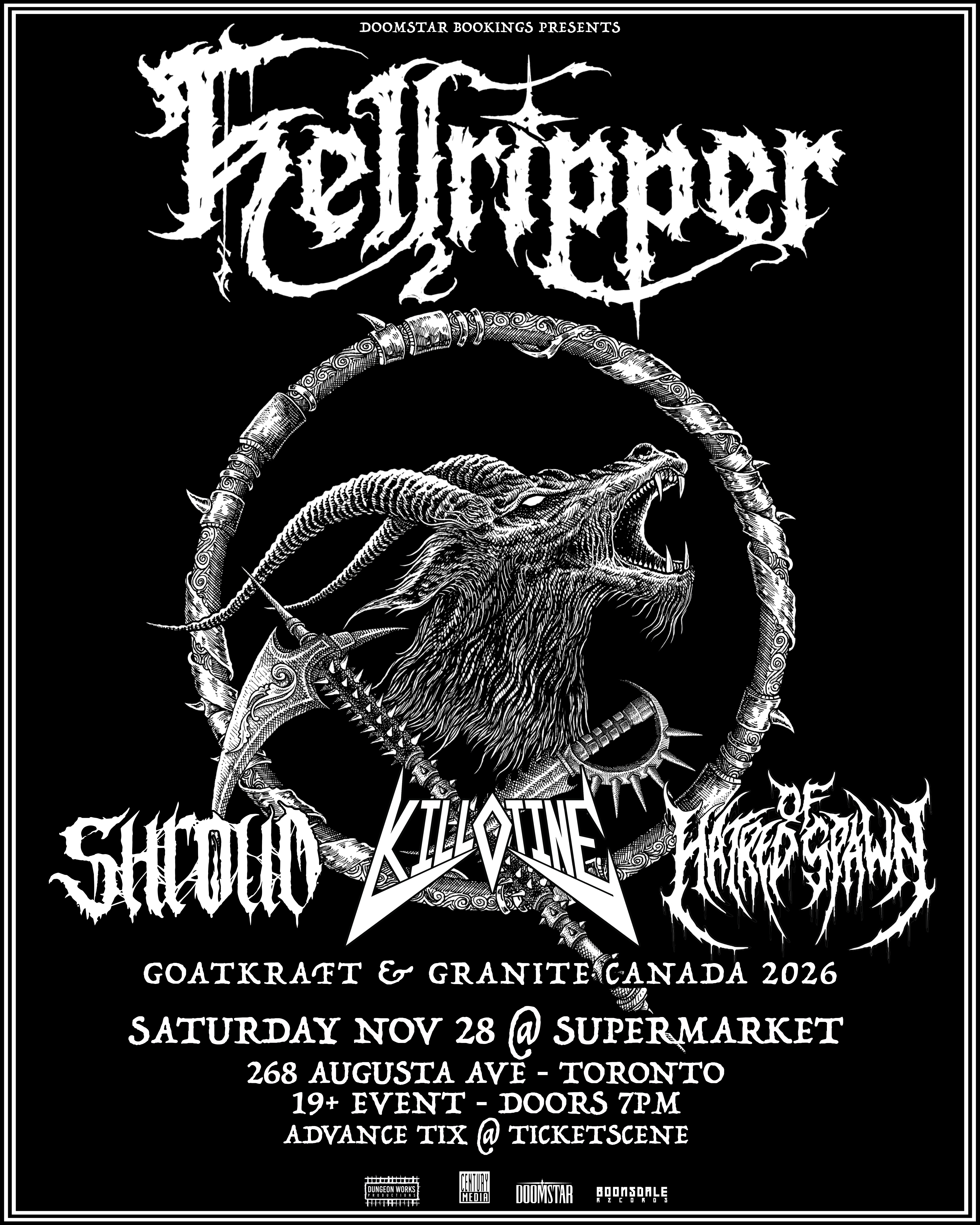 Promotional image for Hellripper, Shroud, Killotine, Of Hatred Spawn
