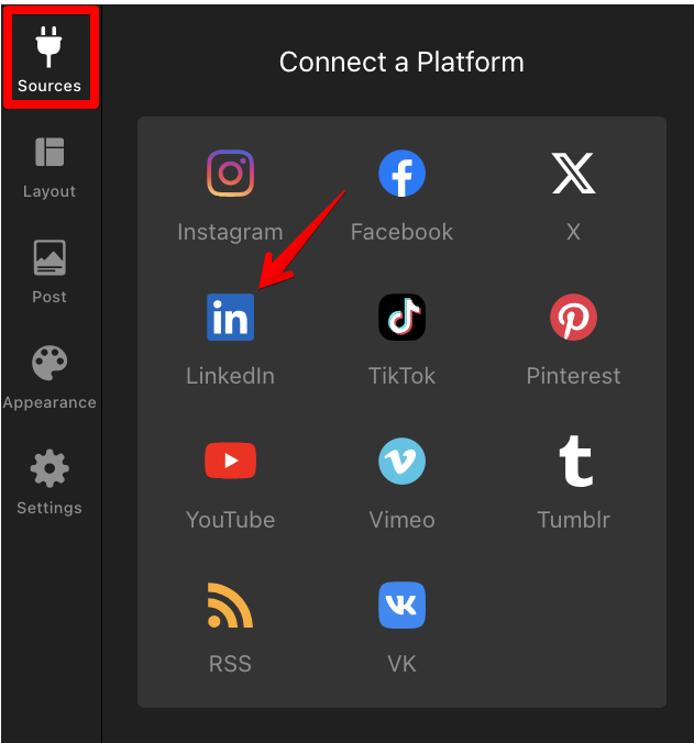 Selecting LinkedIn as a source in Social Feed