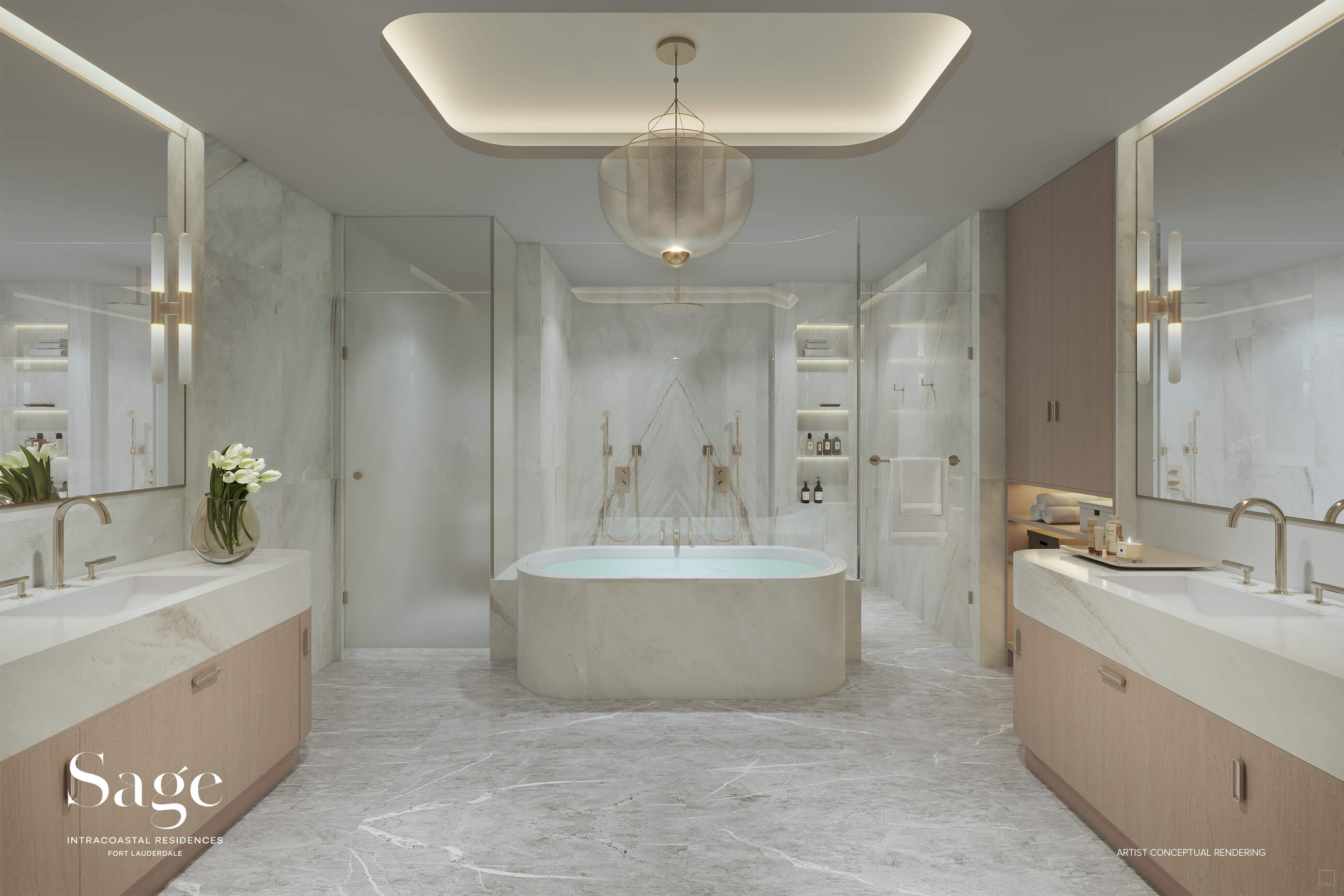 Sage Residences primary bathroom with Italian cabinetry and freestanding tub