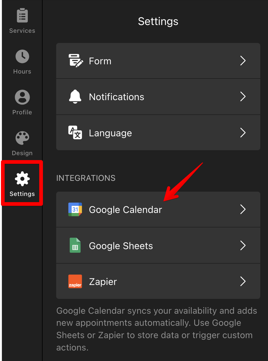 Google Calendar integration tab