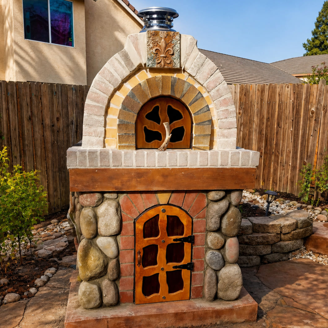 Cordero brick pizza oven with stone base and custom wood door