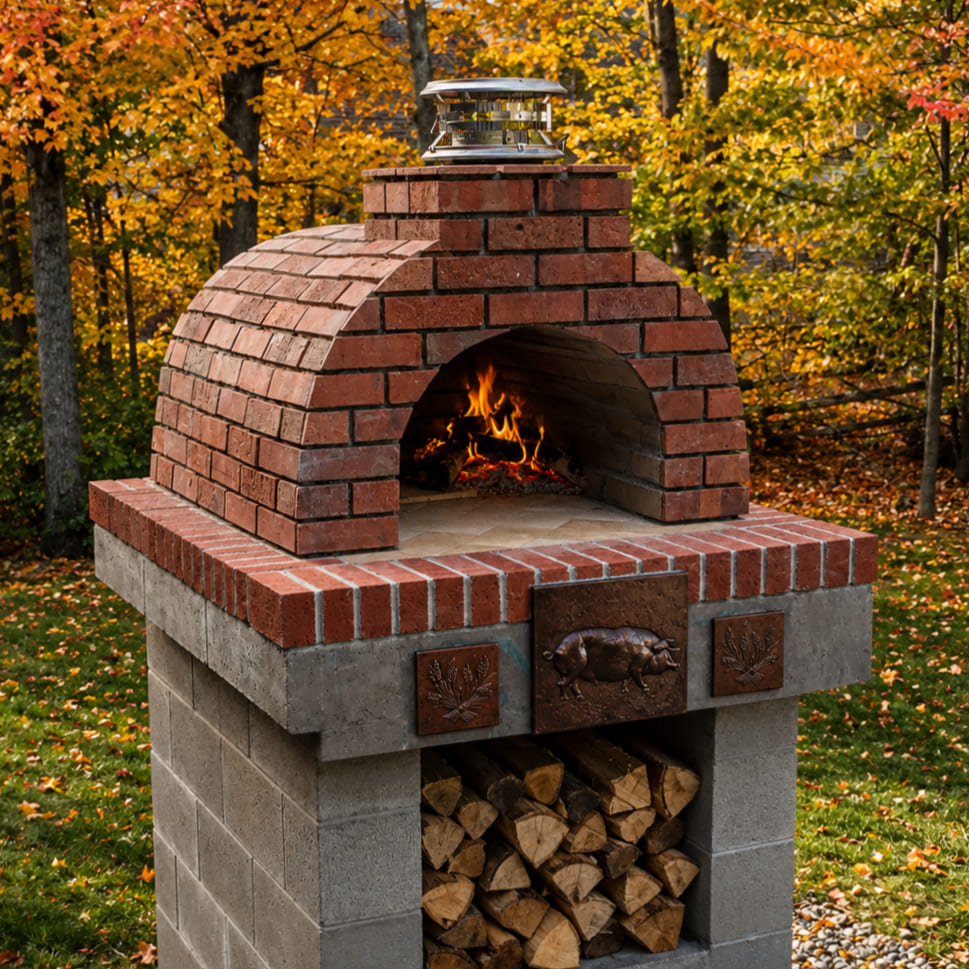 Wadsworth classic red brick pizza oven in an autumn setting