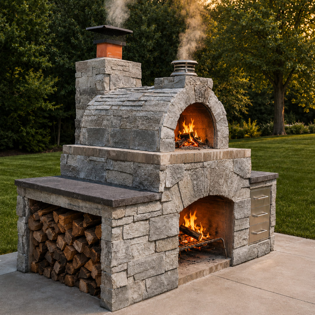 McCollum pizza oven and fireplace combination with prep table