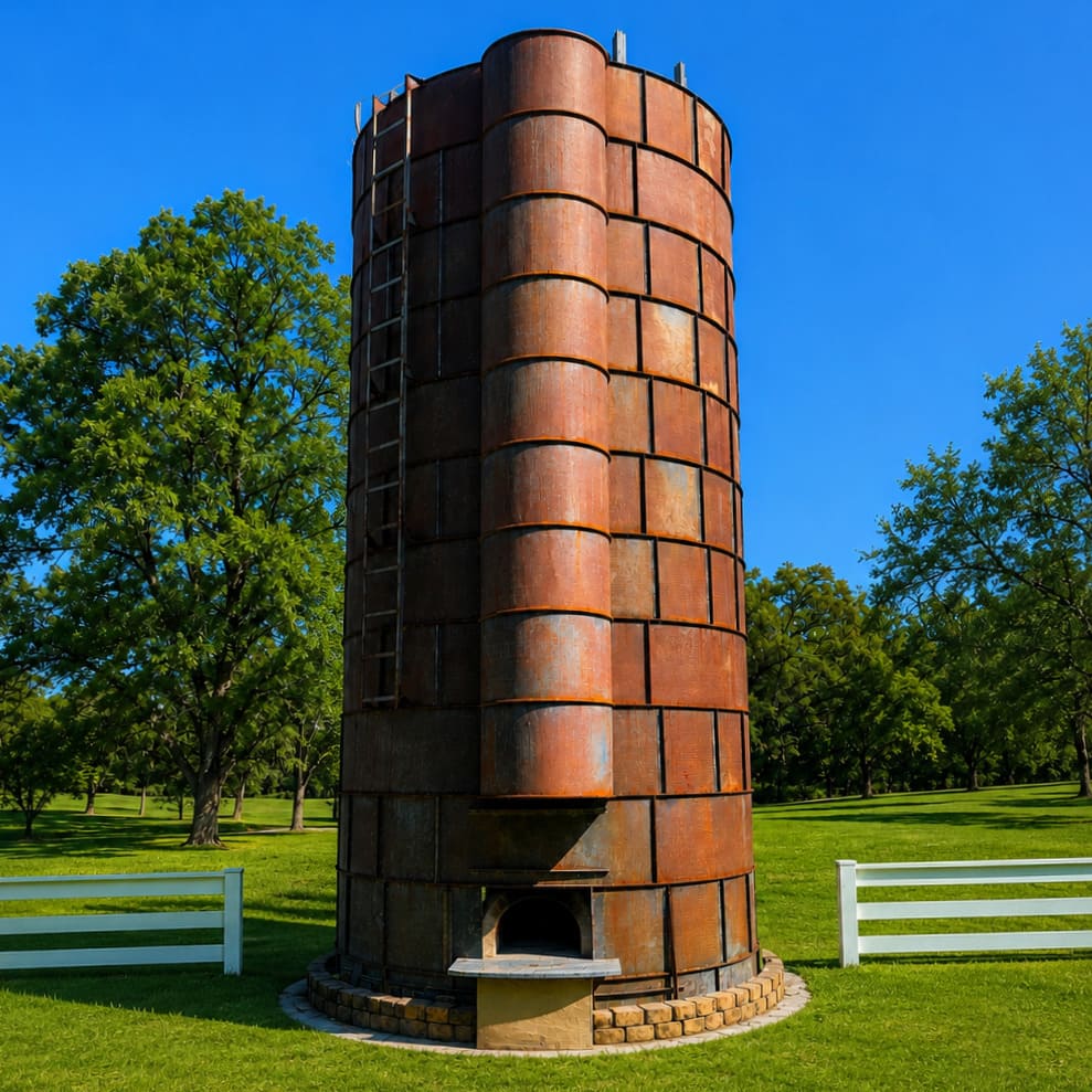 D. Holden firebrick pizza oven built inside a historic grain silo