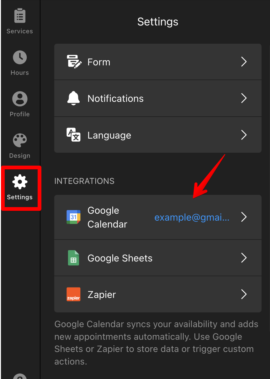 Google Calendar integration tab