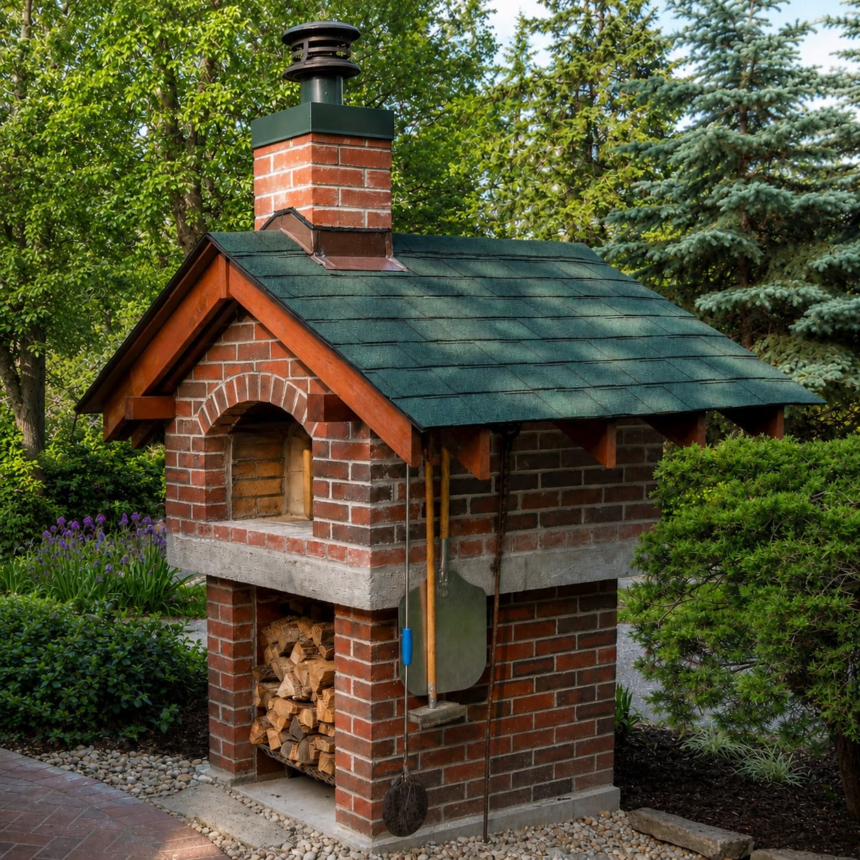 Ceragioli cottage-style brick pizza oven with gabled roof