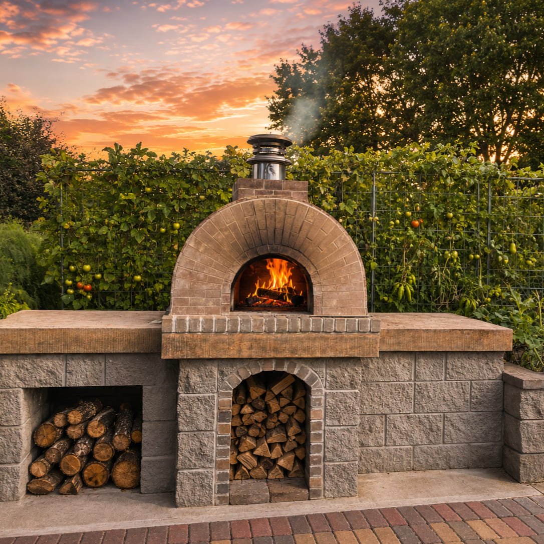 Rysiew Oven with integrated prep table beside a garden