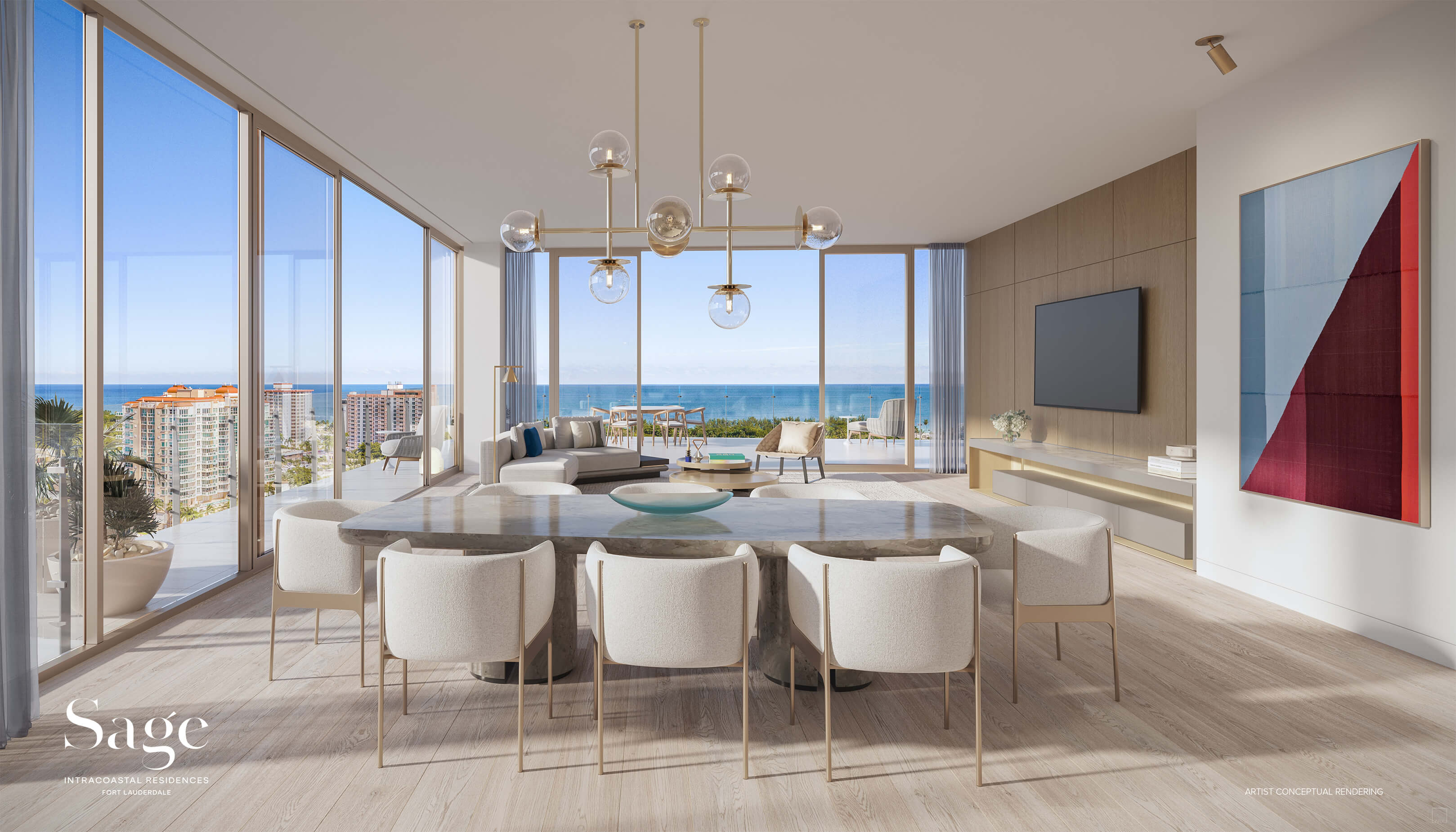 Sage Residences living room with floor-to-ceiling water views