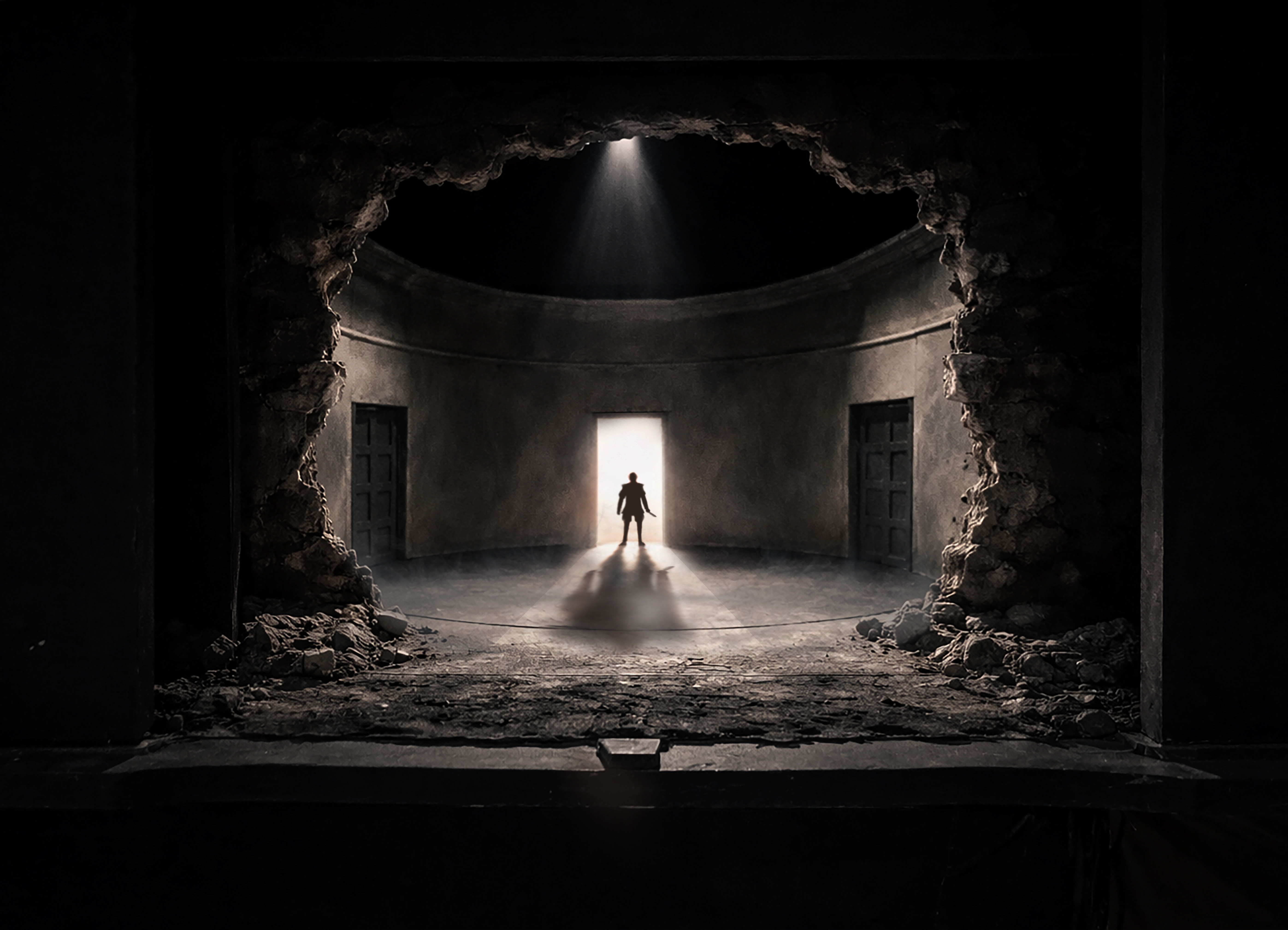 Stage portraying a broken wall with a hole in the middle and a figure standing beyond it with a white light shining down on them from above and behind.