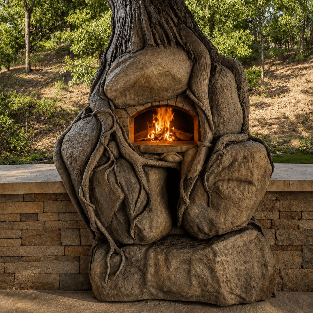 J. Johnson outdoor pizza oven sculpted to resemble a tree root