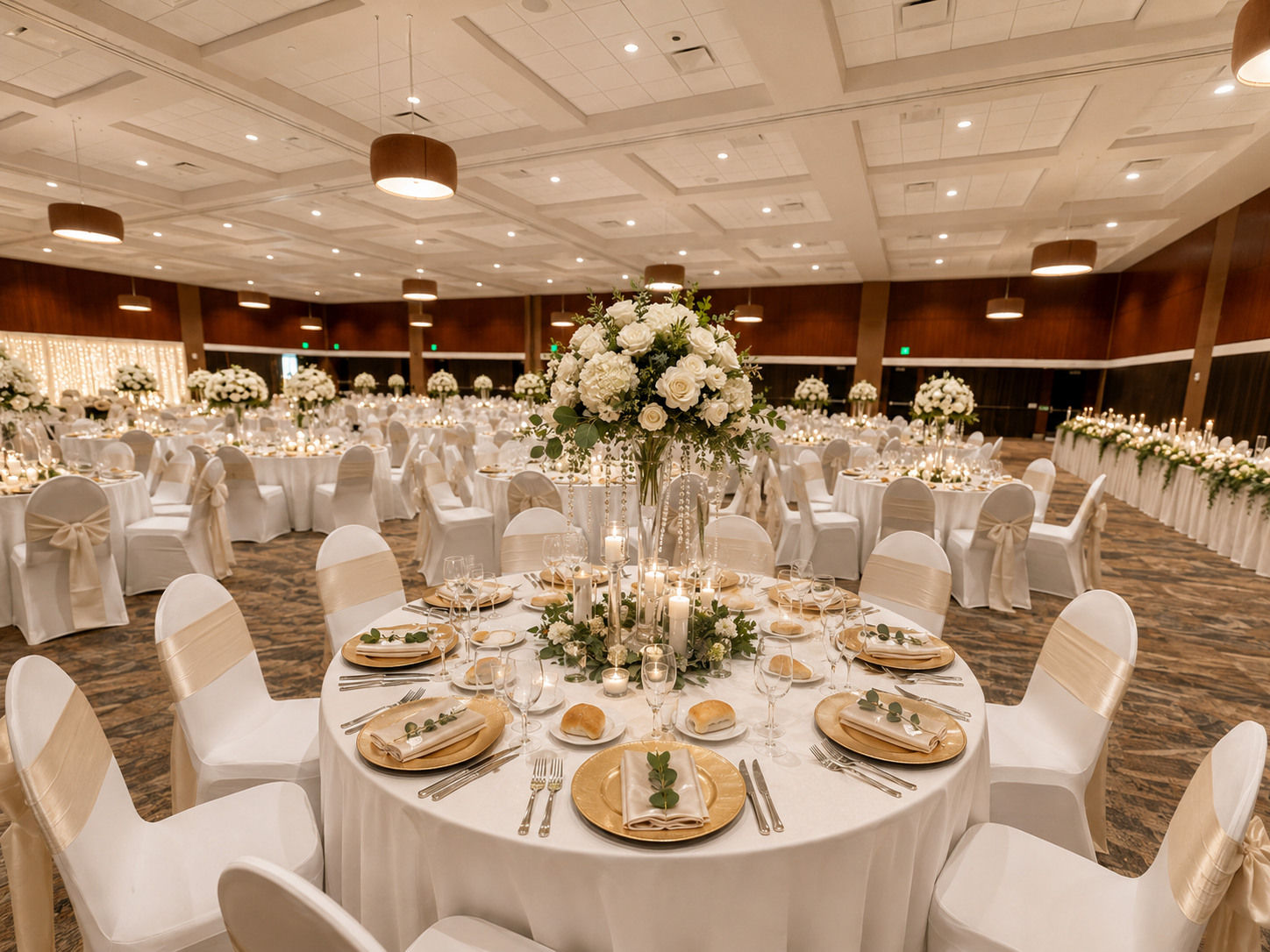 White and gold wedding reception in the Terre Haute Convention Center Grand Ballroom