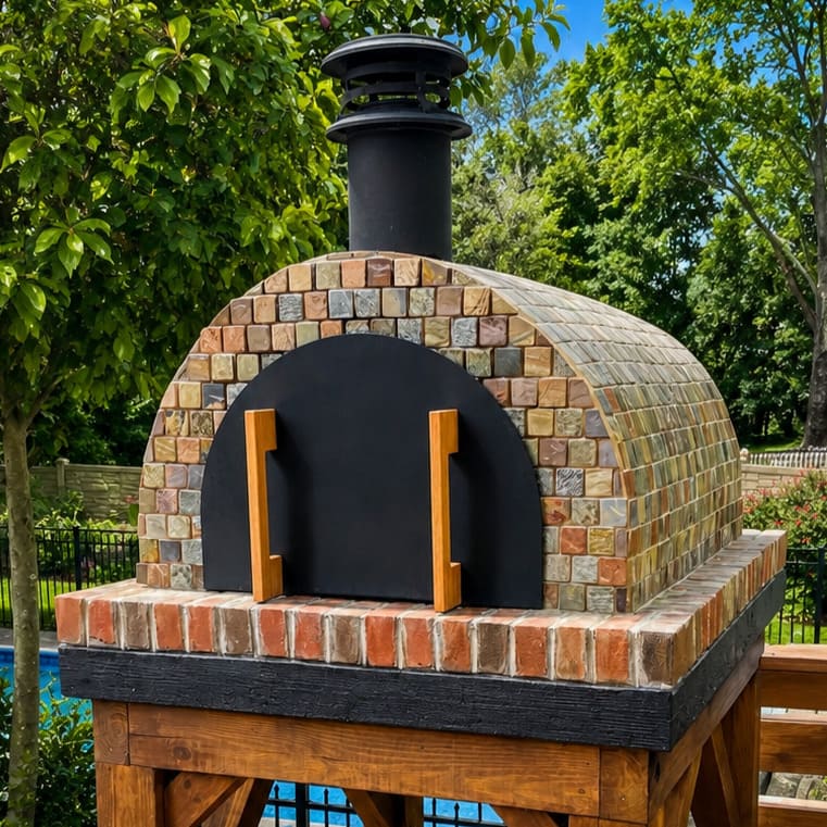 Sharpnack mosaic tile pizza oven on a timber structure
