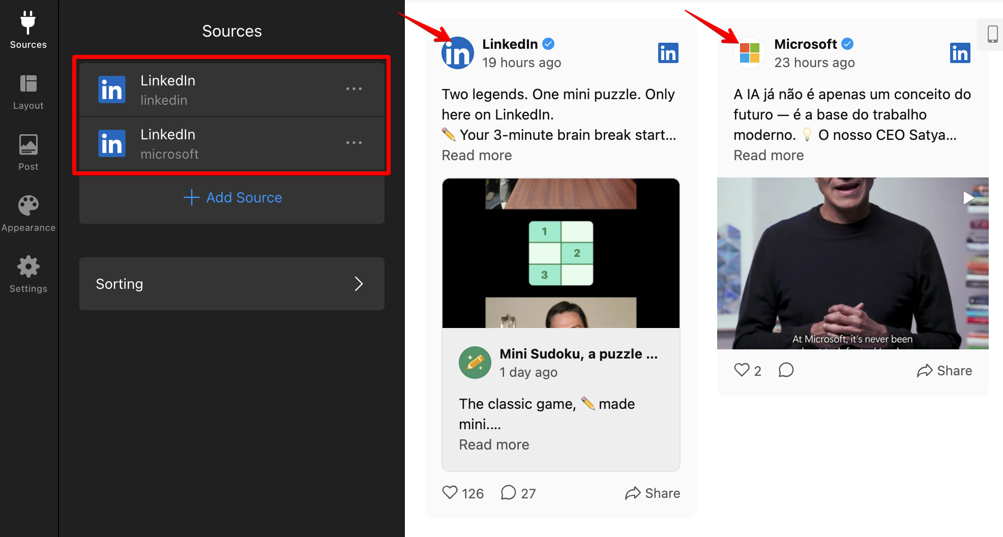 Example of multiple LinkedIn accounts displayed in one widget