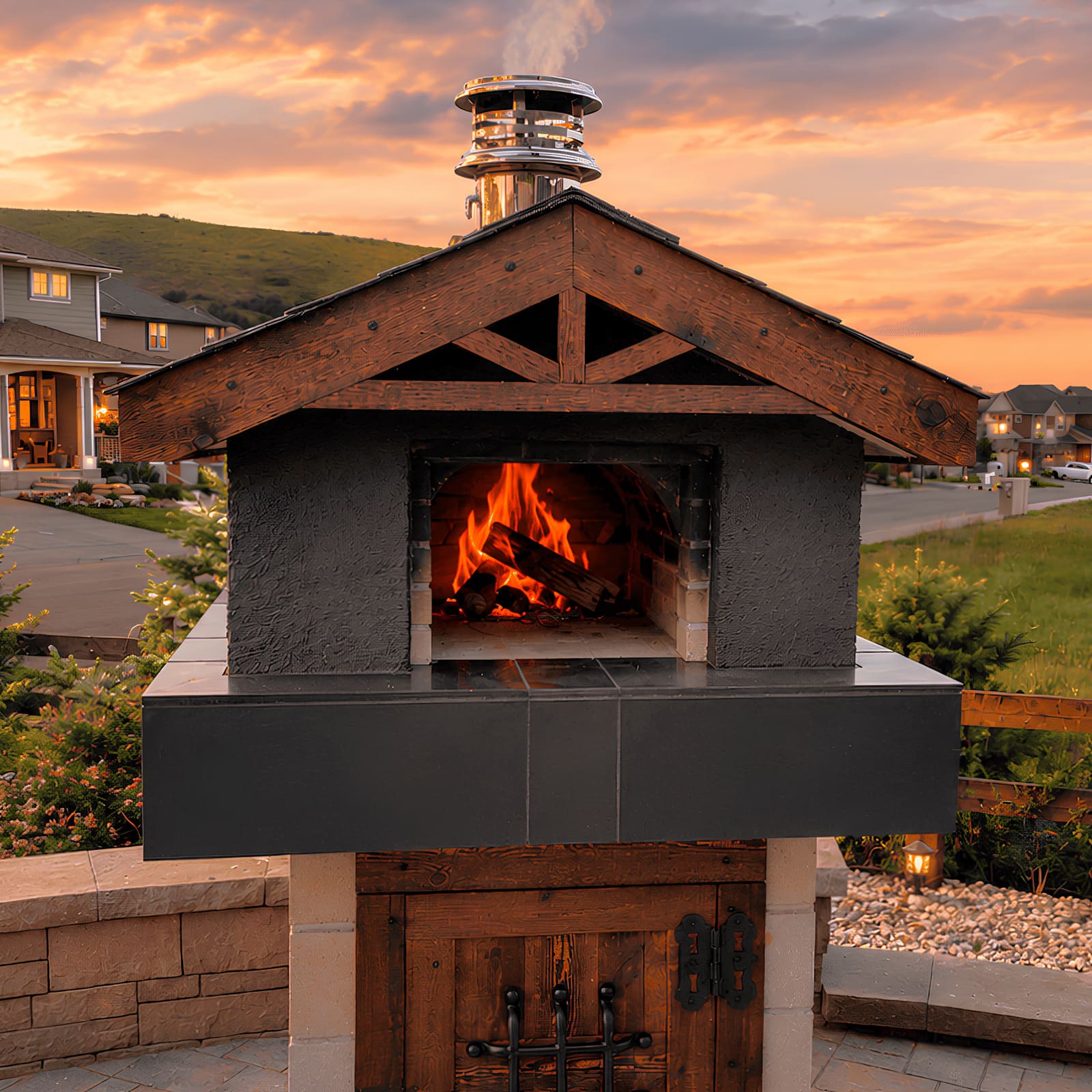 G. Rubino wood-fired oven with custom wood door and gabled roof