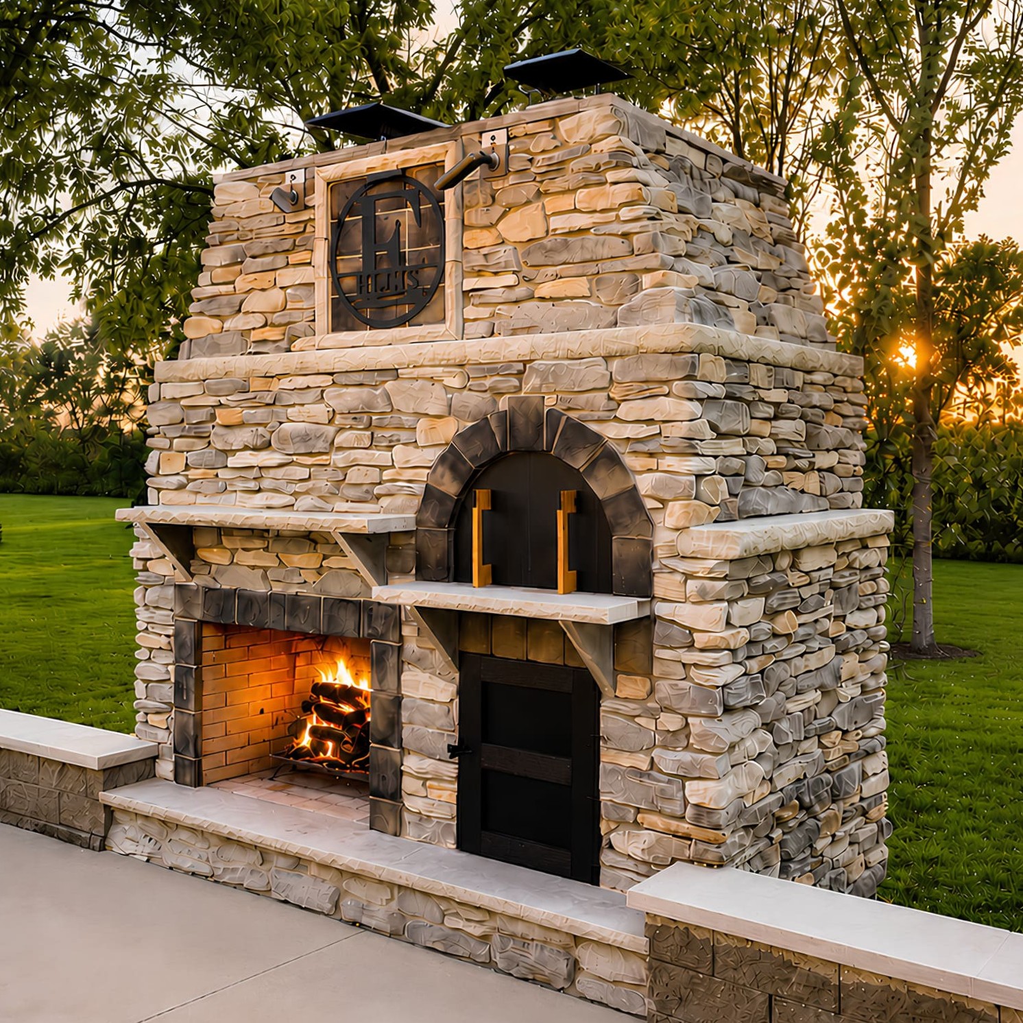 Ellis stone veneer outdoor fireplace and pizza oven combination